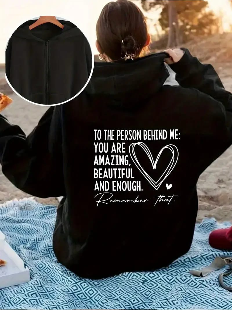 Empowerment Message Graphic Zipper Hoodie – Grey/Black