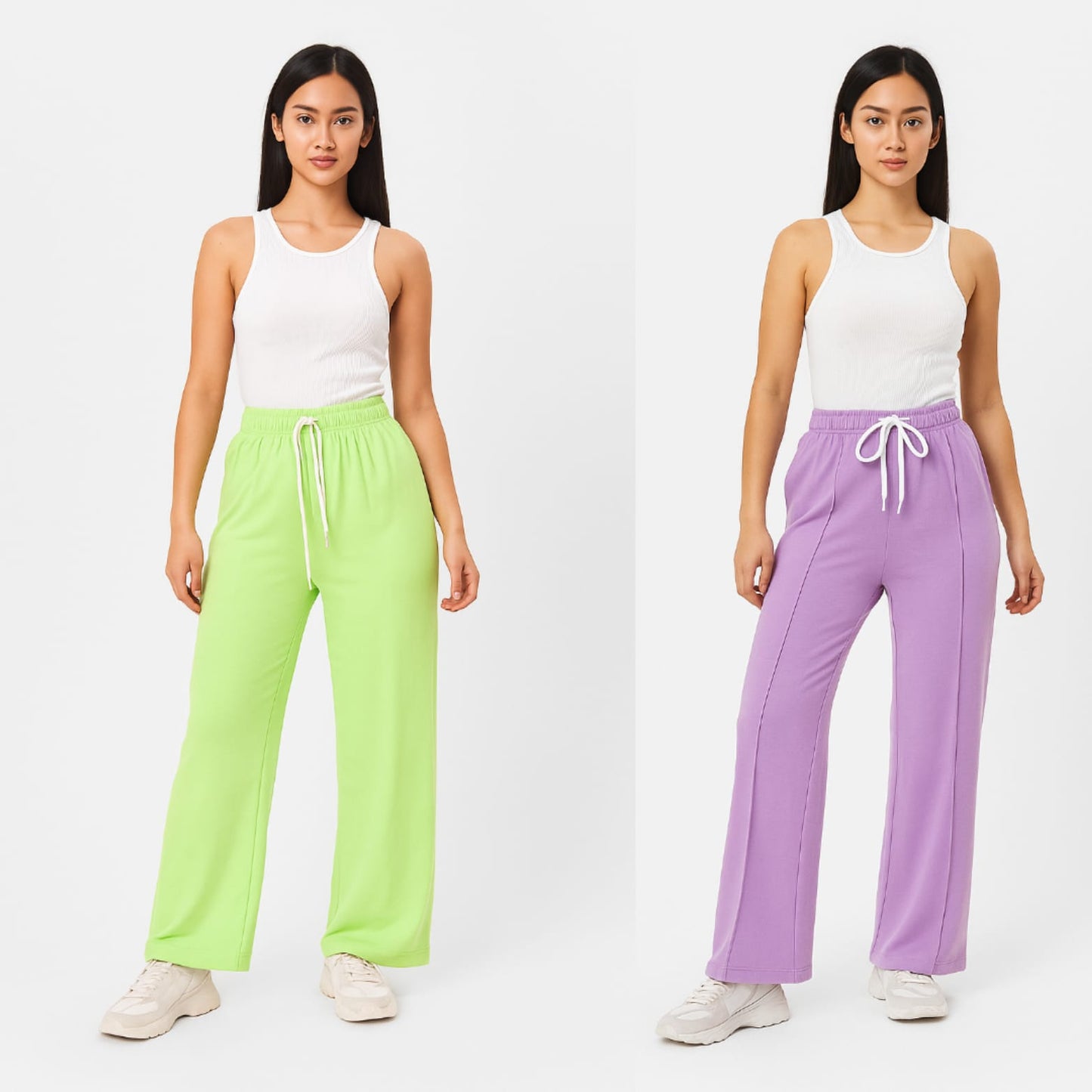 Pack Of 2 - Lime Green & Lilac Piping Wide Leg  Jogger Trouser