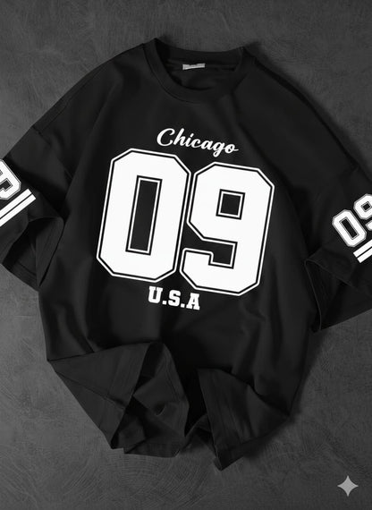 The Urban Essential: Chicago "09" Graphic Oversized Drop-Shoulder Tee - BLACK