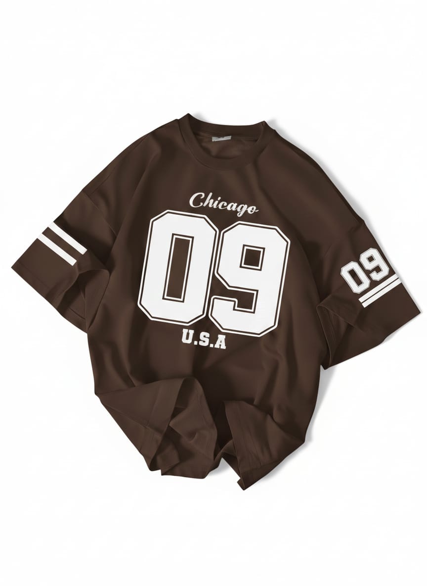 The Urban Essential: Chicago "09" Graphic Oversized Drop-Shoulder Tee - BROWN