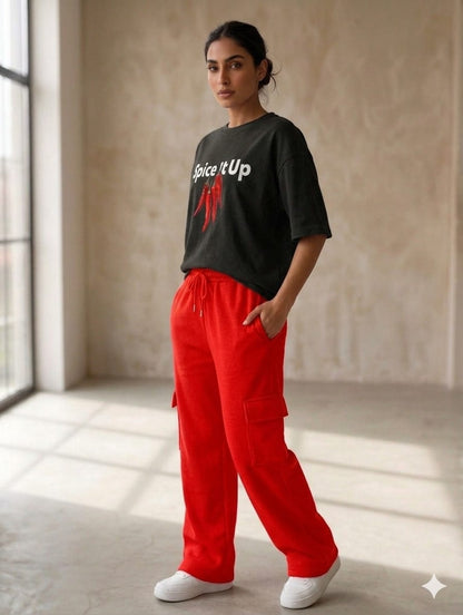 "Classic Black Spice It Up" Graphic Tee & Red Cargo Loungewear Set