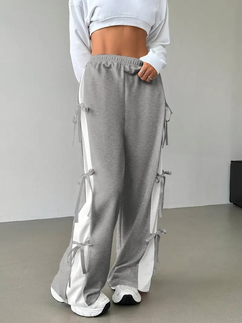 Pack Of 2 - Women’s Baggy Side Tie Wide Leg Trousers – Grey & White with Contrast Panels