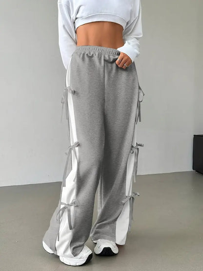 Pack Of 2 - Women’s Baggy Side Tie Wide Leg Trousers – Grey & White with Contrast Panels