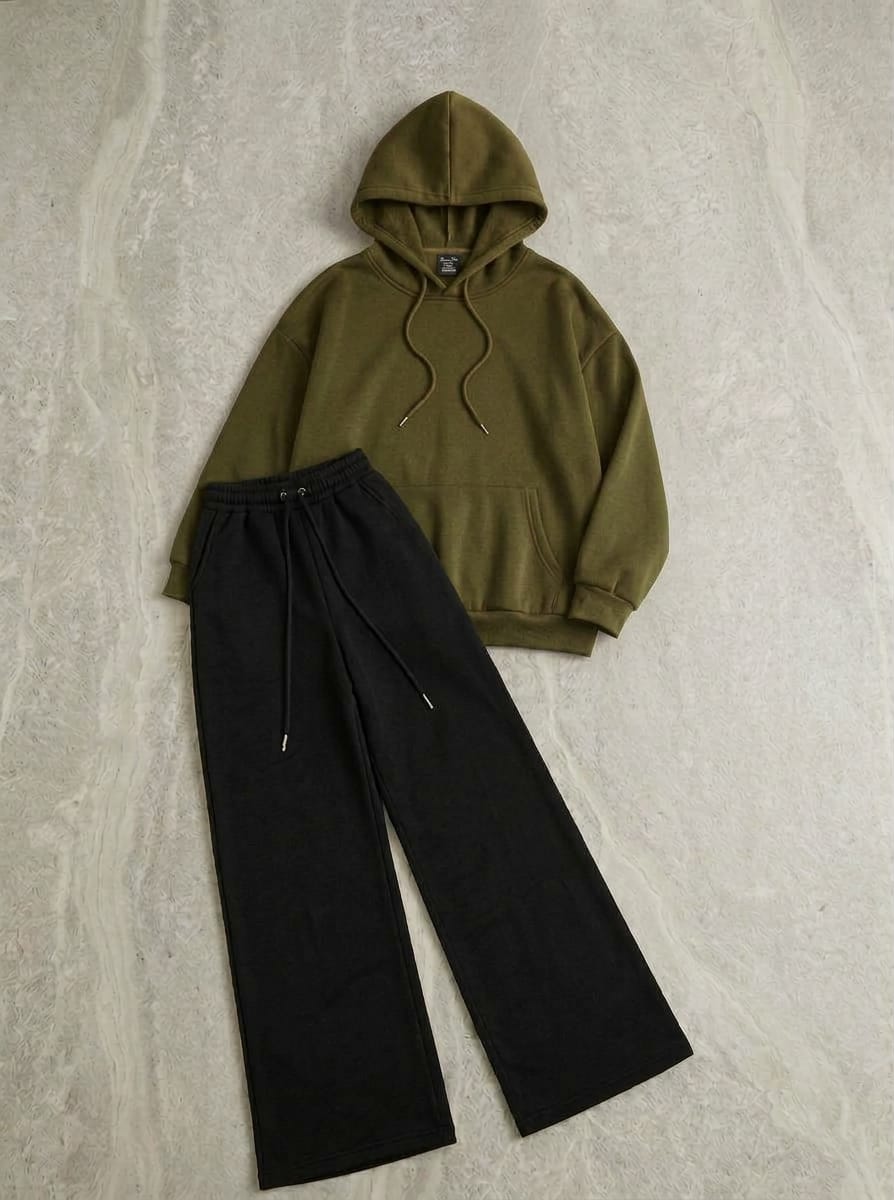 Cozy Ultra-Soft Fleece Hoodie & Black Wide-Leg Baggy Trouser Co-Ord Set