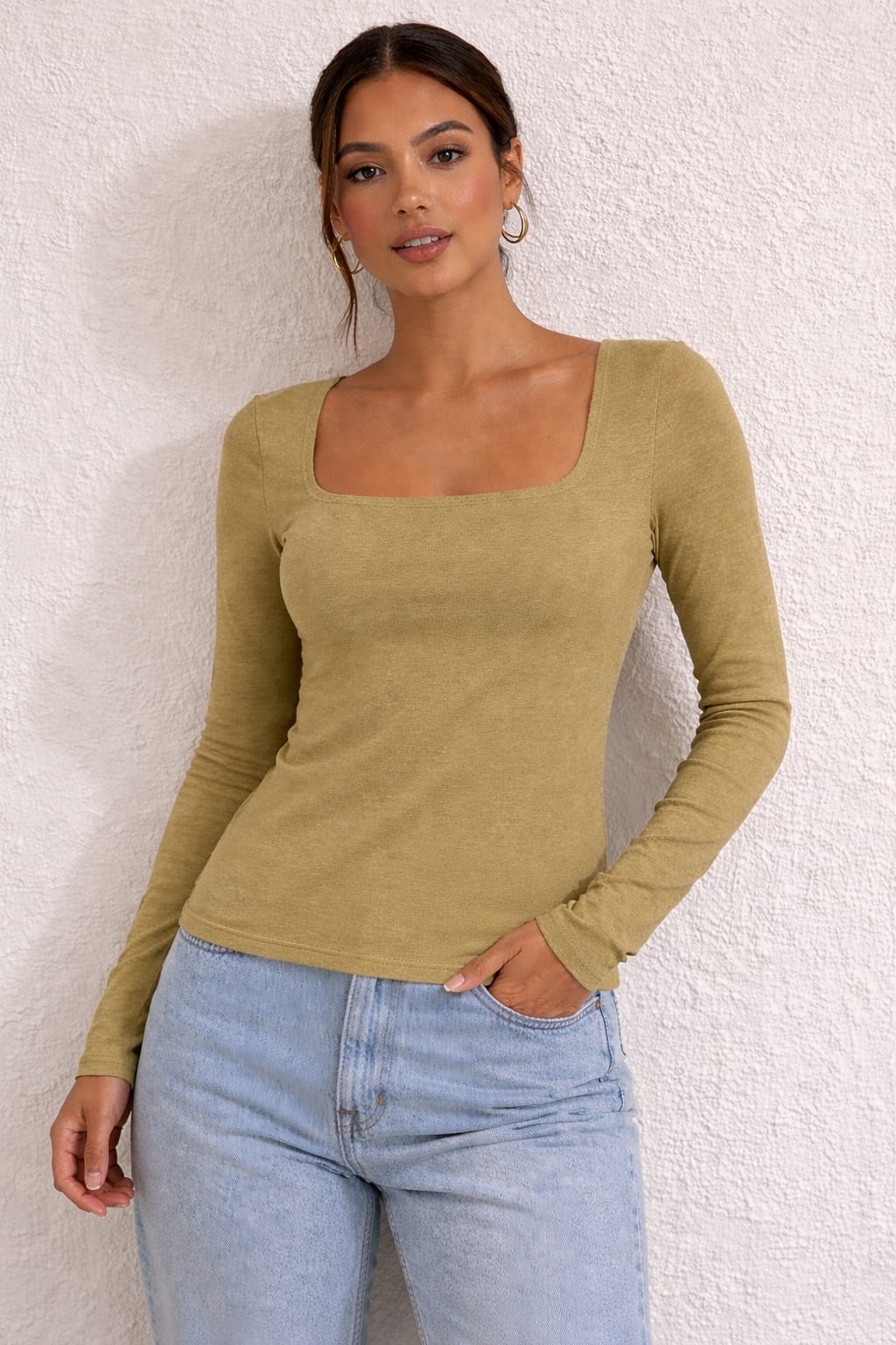 Beige Ribbed Square Neck Full Sleeve Fitted Top