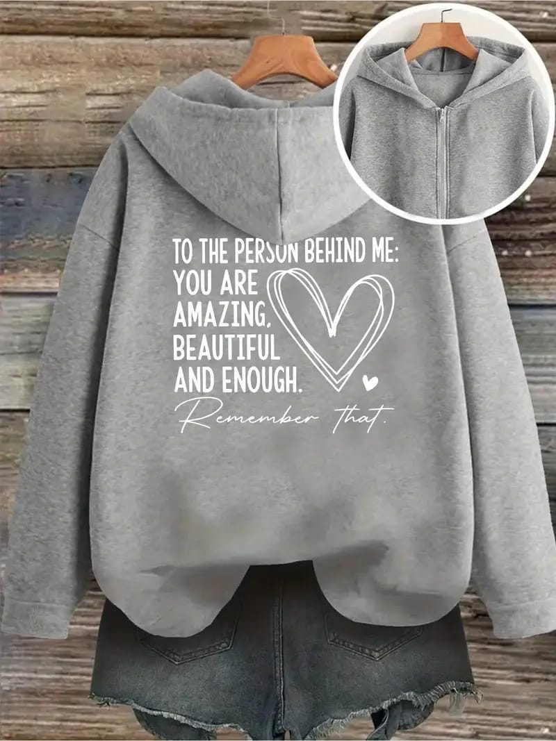 Empowerment Message Graphic Zipper Hoodie – Grey/Black