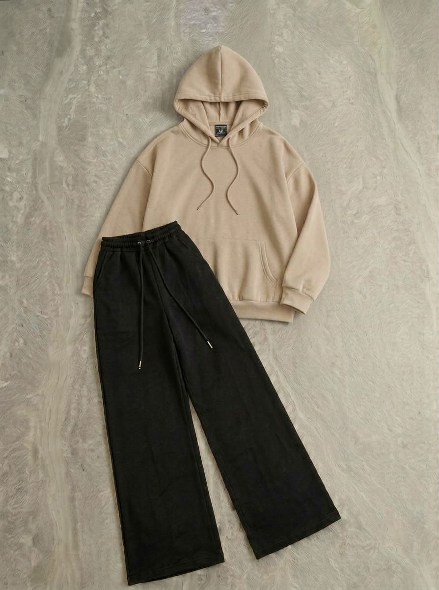 Cozy Ultra-Soft Fleece Hoodie & Black Wide-Leg Baggy Trouser Co-Ord Set