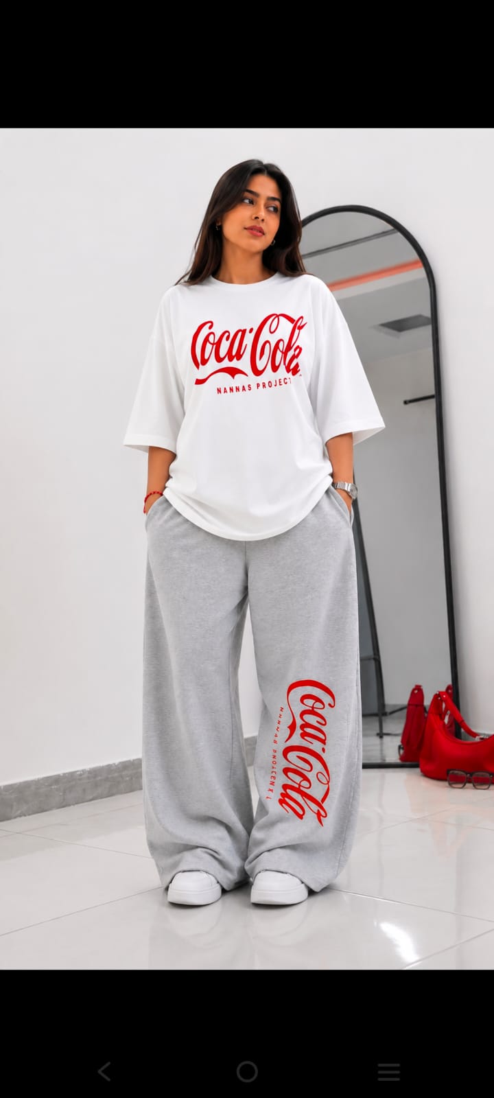 Coca-Cola Oversized Printed Co-ord Set – White Tee & Grey Wide-Leg Trouser | Unisex Streetwear