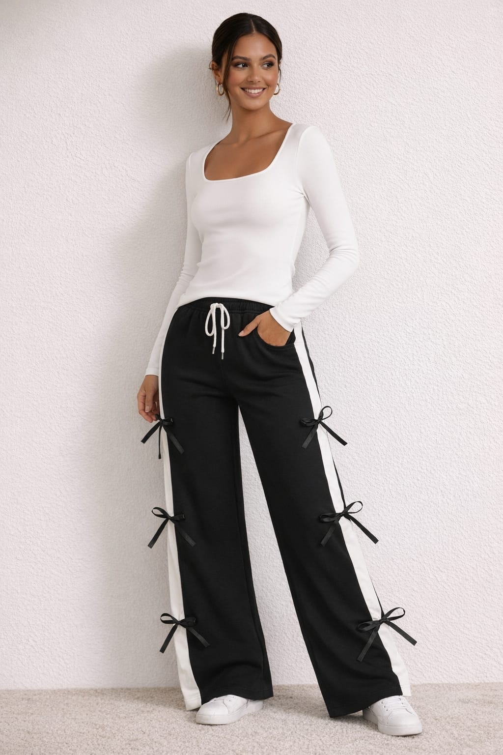 Ribbon Contrast – White Square Neck Top & Black Side Ribbon Wide-Leg Coord Set