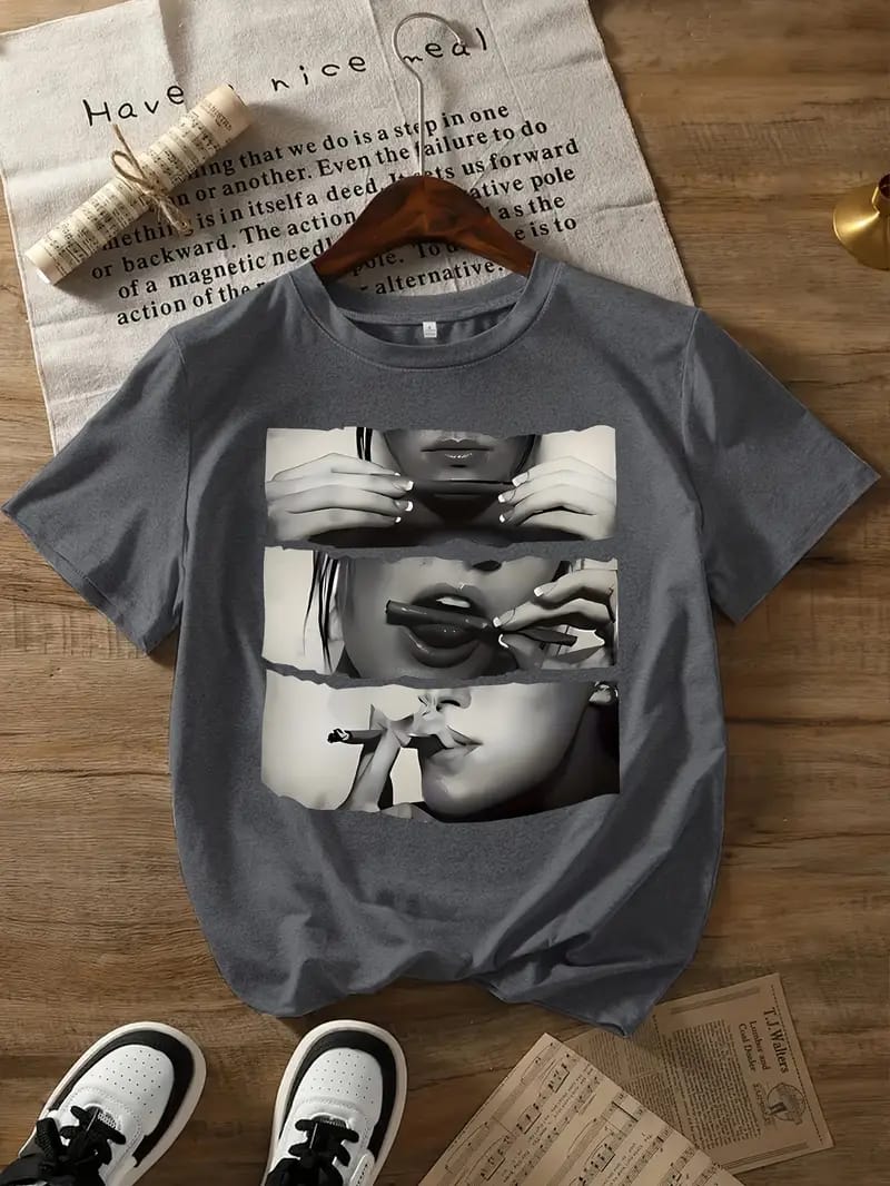 Women's Drop Shoulder Graphic Tee – Smoking Lips Print
