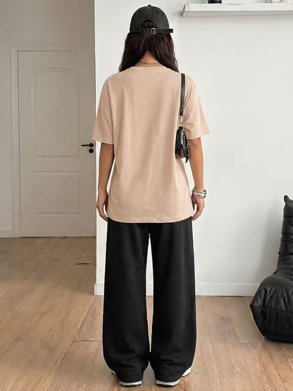 Beige "NY" Graphic Printed Oversized Tee & Black Wide-Leg Trouser Co-ord Set