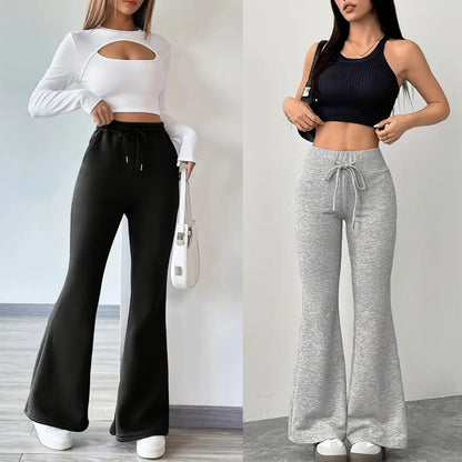 Pack of 2 -Women'S Elegant High-Waisted Flare Pants with Drawstring Waist -Black/Grey