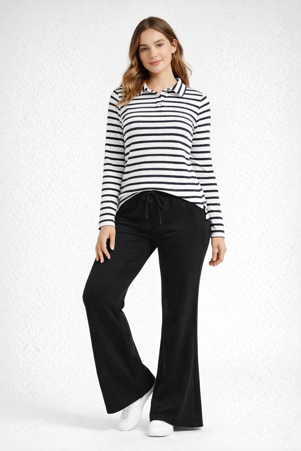 White & Black Stripe Polo Full Sleeves Top  & Black Flared Trouser Co-Ord Lounge Set