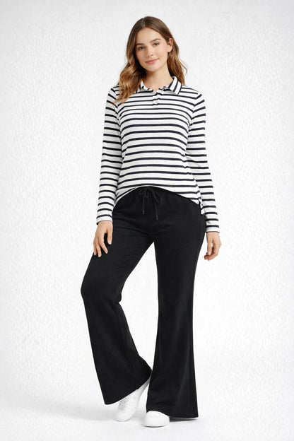 White & Black Stripe Polo Full Sleeves Top  & Black Flared Trouser Co-Ord Lounge Set