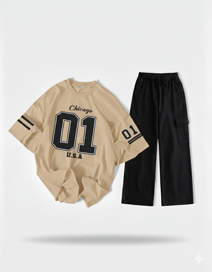The Varsity Noir Set: Beige '01' Oversized Tee & Black Wide-Leg Cargo Trouser