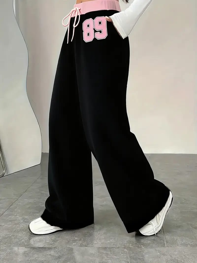 Black Wide Leg Jogger Trousers with Pink Contrast Waistband