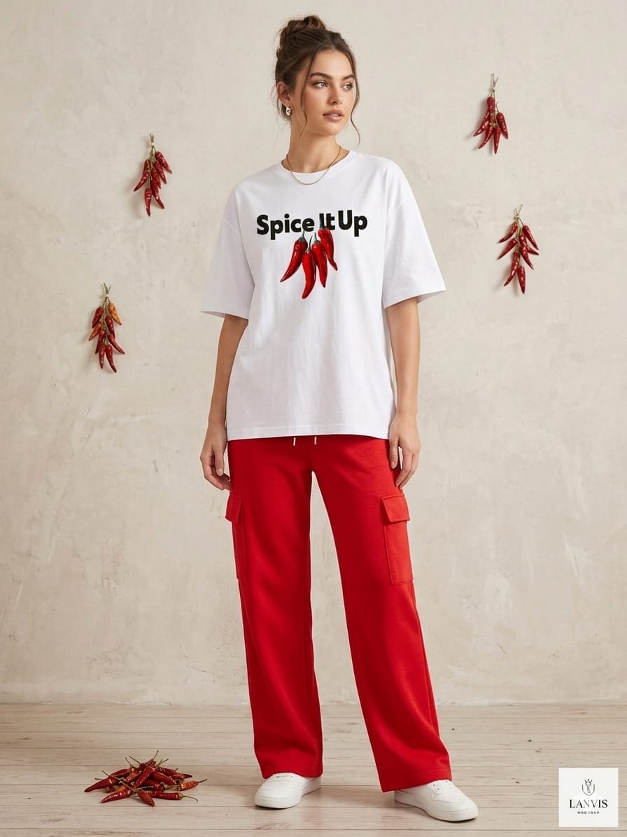 "Classic White Spice It Up" Graphic Tee & Red Cargo Loungewear Set
