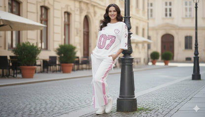 White 07 Graphic Oversized Tee with White Side Ribbon Wide-Leg Trousers