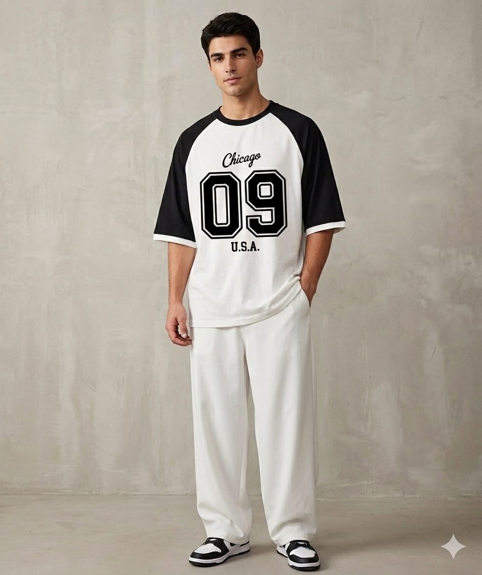 Chicago 09 Varsity Streetwear Set – Oversized Raglan Tee & WHITE Baggy Wide-Leg Trousers