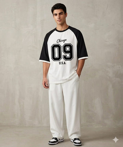 Chicago 09 Varsity Streetwear Set – Oversized Raglan Tee & WHITE Baggy Wide-Leg Trousers