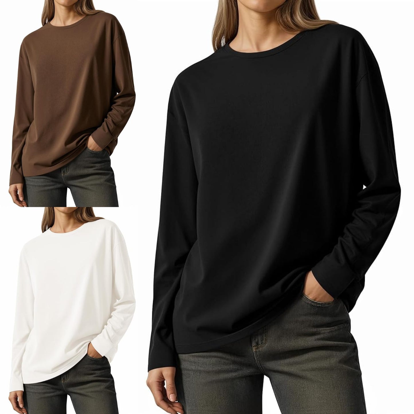 Pack of 3 Women’s Full Sleeves T-Shirts – Black, Brown & White