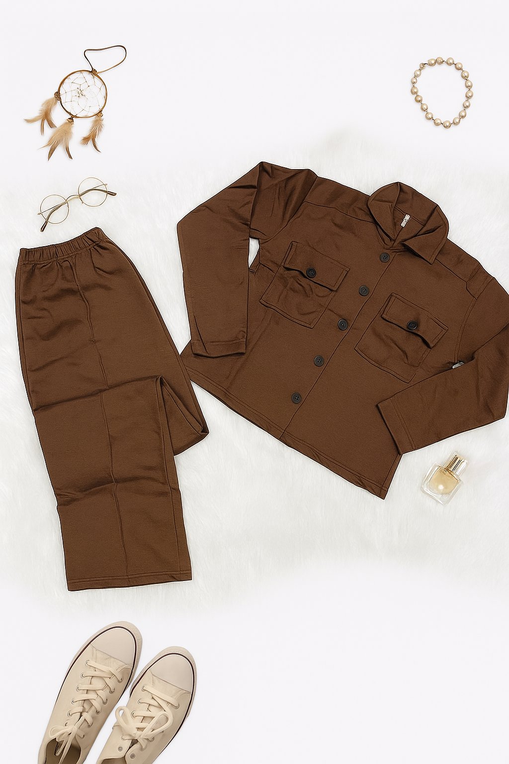 Brown Fleece Button Down Shirt & Wide Leg Trouser Coord Set