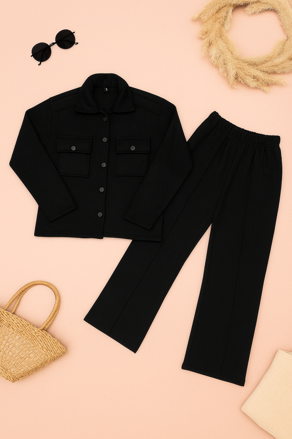BLACK Fleece Button Down Shirt & Wide Leg Trouser Coord Set