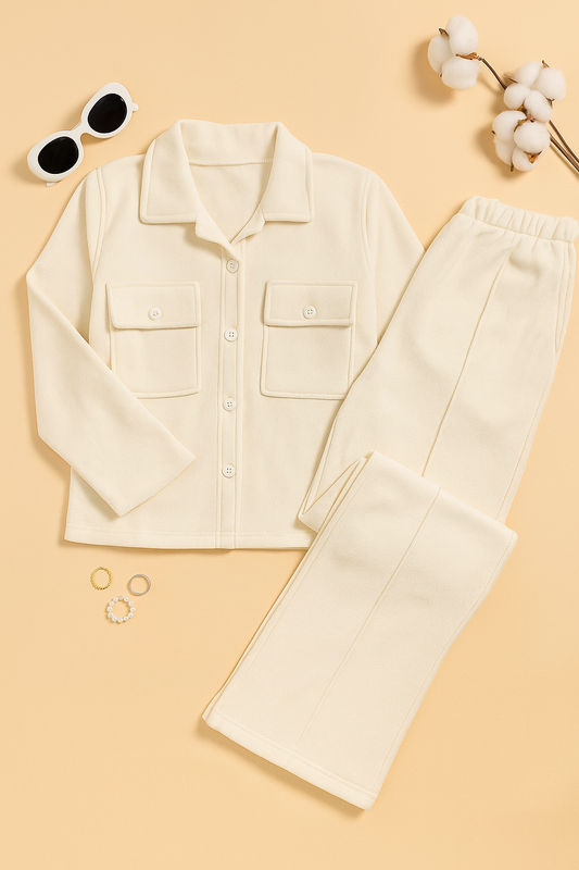 White Fleece Button Down Shirt & Wide Leg Trouser Coord Set