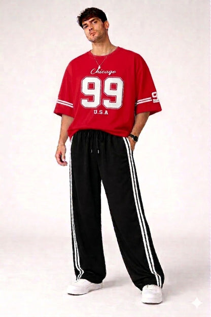 RED THE VARSITY CHICAGO 99 OVERSZIED TEE WITH BLACK STRIPES BAGGY TROUSER  TRACK SET