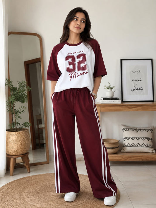 Maroon Raglan "32 Miami" Oversized Baggy Co-ord Set for Women | Drop Shoulder T-Shirt & Wide Leg Trouser