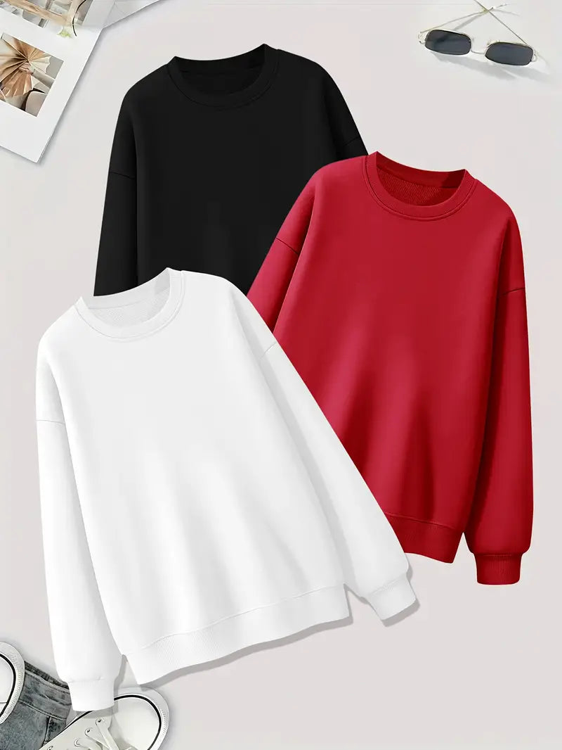Bundle Of 3 - Cozy Essential Plain Fleece Sweatshirts - BLACK/WHITE/RED