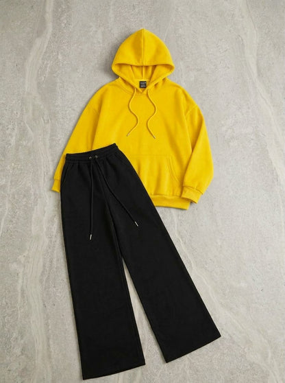 Cozy Ultra-Soft Fleece Hoodie & Black Wide-Leg Baggy Trouser Co-Ord Set
