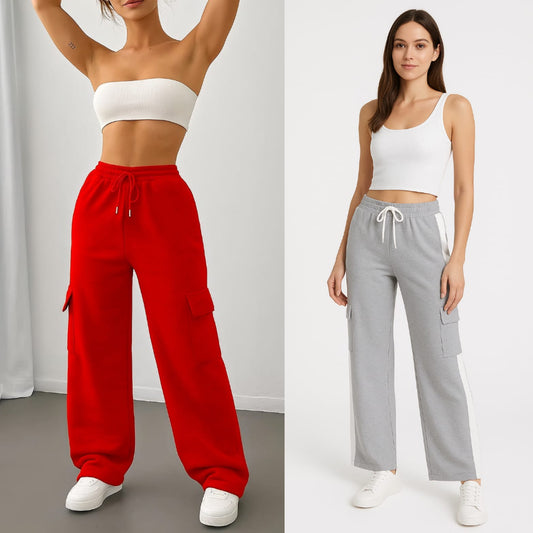 PACK OF 2- Red Wide Leg Cargo Trouser – Statement Streetwear Essential,,Grey Cargo Jogger with White Side Stripes – Sporty Comfort Meets Style