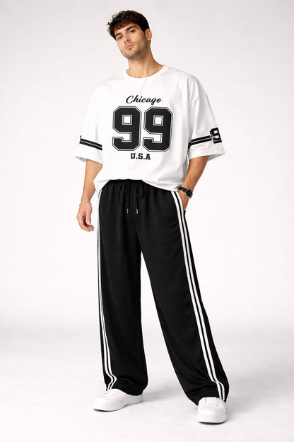 URBAN WHITE 99 DROP SHOULDER OVERSIZED TEE WITH BLACK WHITE STRIPES WIDE LEG TROUSER SET