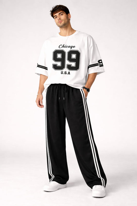 URBAN WHITE 99 DROP SHOULDER OVERSIZED TEE WITH BLACK WHITE STRIPES WIDE LEG TROUSER SET