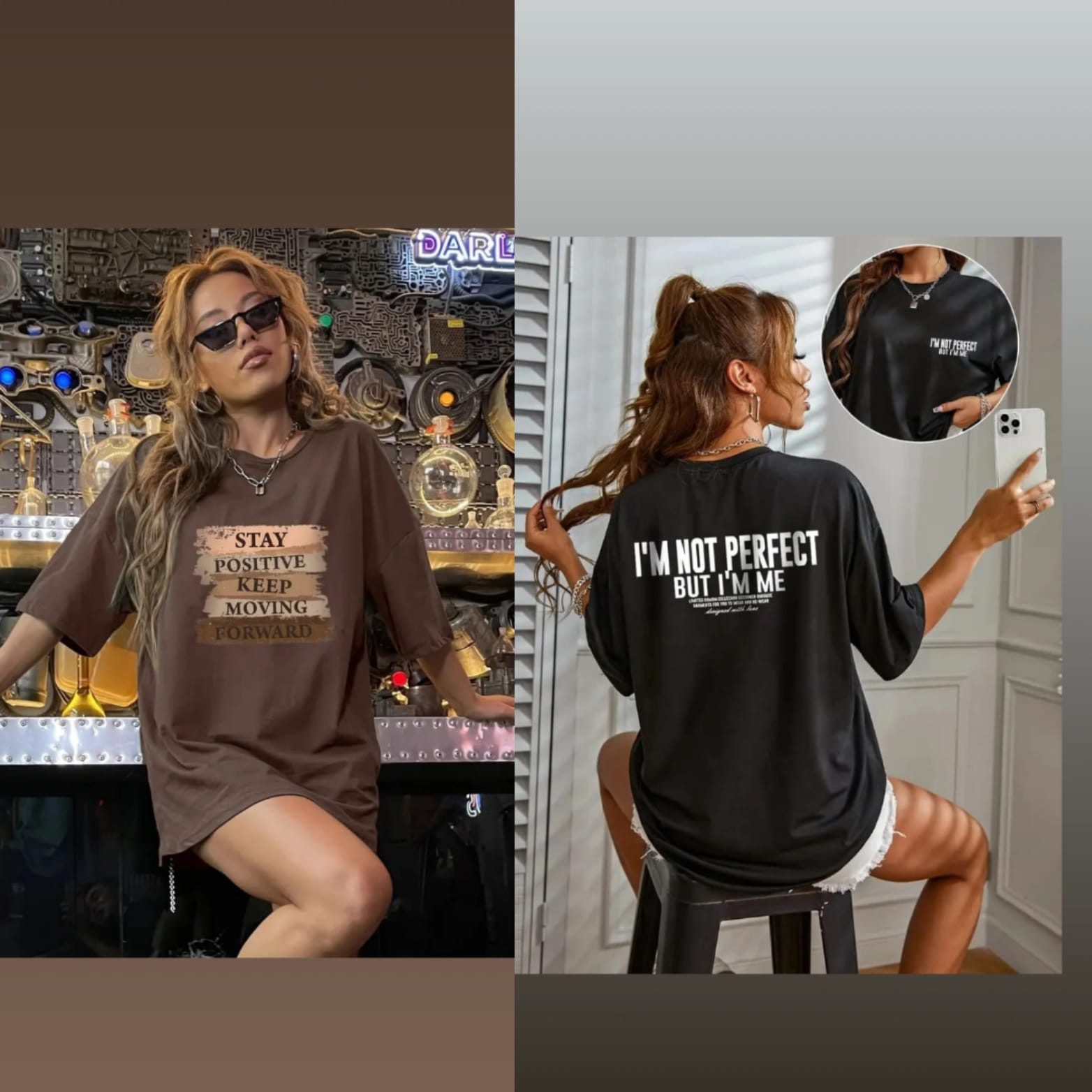 Pack Of 2- Empowerment Graphic Drop Shoulder Oversized Tees - Brown/Black
