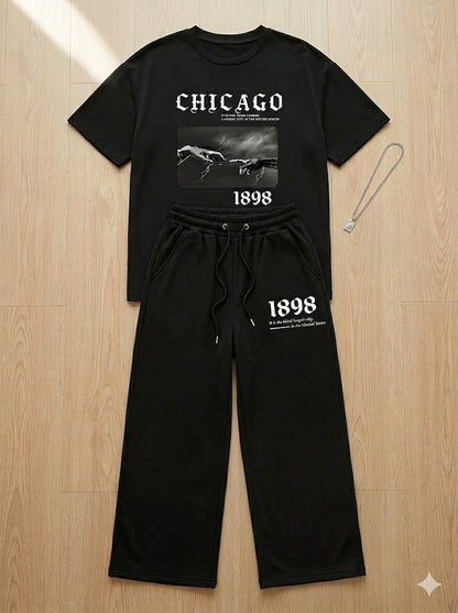 Black Oversized Chicago 1898 Co-Ord Set – Dropped Shoulder Tee & Wide Leg Trouser