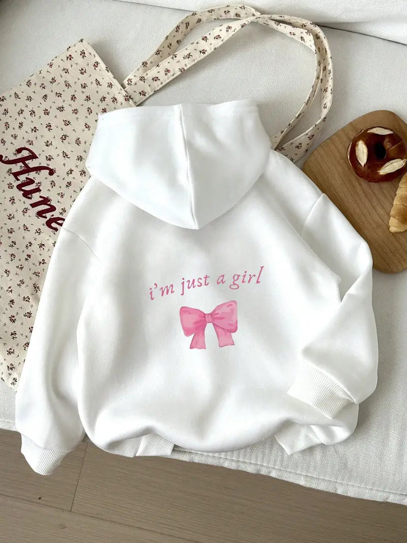 “I’m Just a Girl” Bow Print Hoodie – Soft Aesthetic