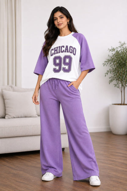 Women's Lilac & White Chicago 99 Printed Raglan T-Shirt and Wide-Leg Drawstring Trouser Two-Piece Set