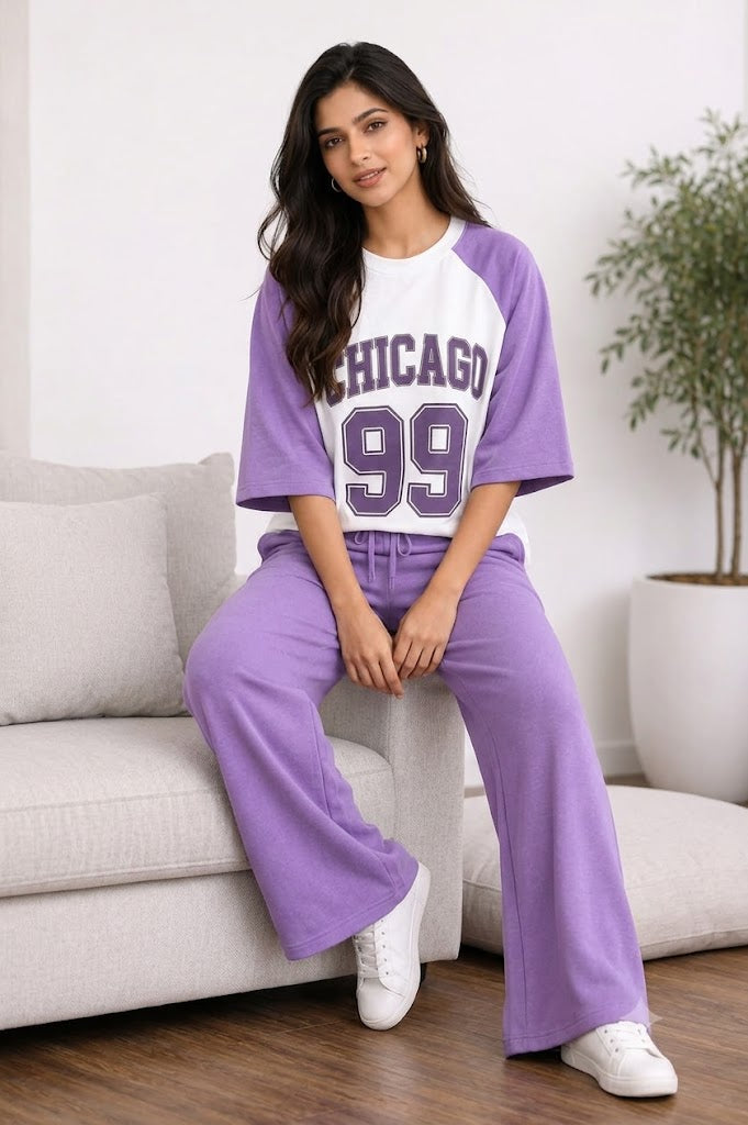 Women's Lilac & White Chicago 99 Printed Raglan T-Shirt and Wide-Leg Drawstring Trouser Two-Piece Set
