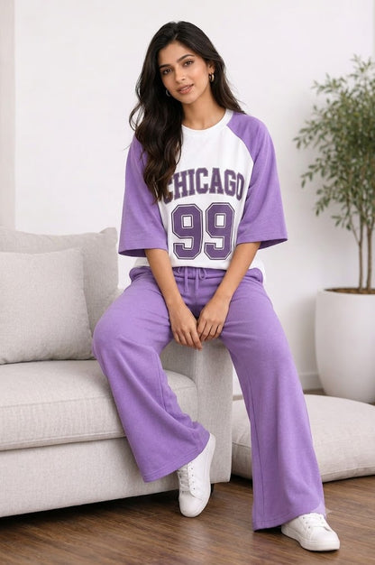 Women's Lilac & White Chicago 99 Printed Raglan T-Shirt and Wide-Leg Drawstring Trouser Two-Piece Set