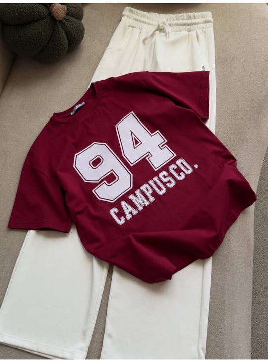 MAROON "CAMPUS CO. 94" Oversized T-shirt With White Wide Leg Trouser Coord Set