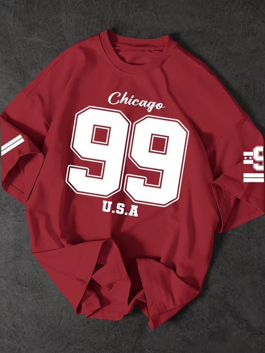 Urban Pulse Red Oversized Graphic Tee – "Chicago 99" Streetwear Drop-Shoulder T-Shirt