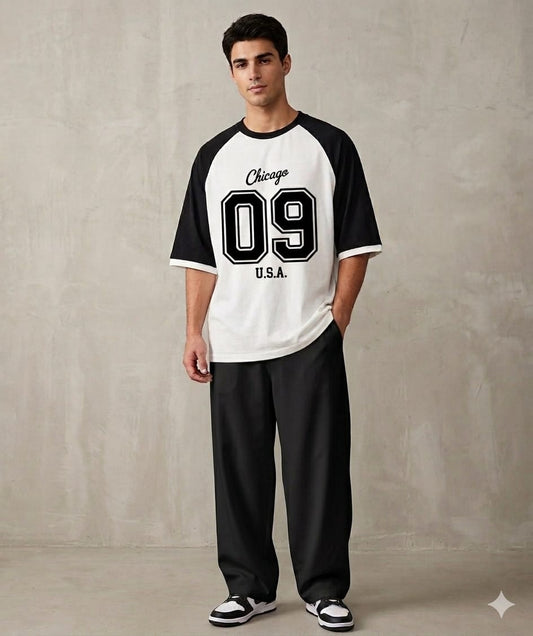 Chicago 09 Varsity Streetwear Set – Oversized Raglan Tee & BLACK Baggy Wide-Leg Trousers