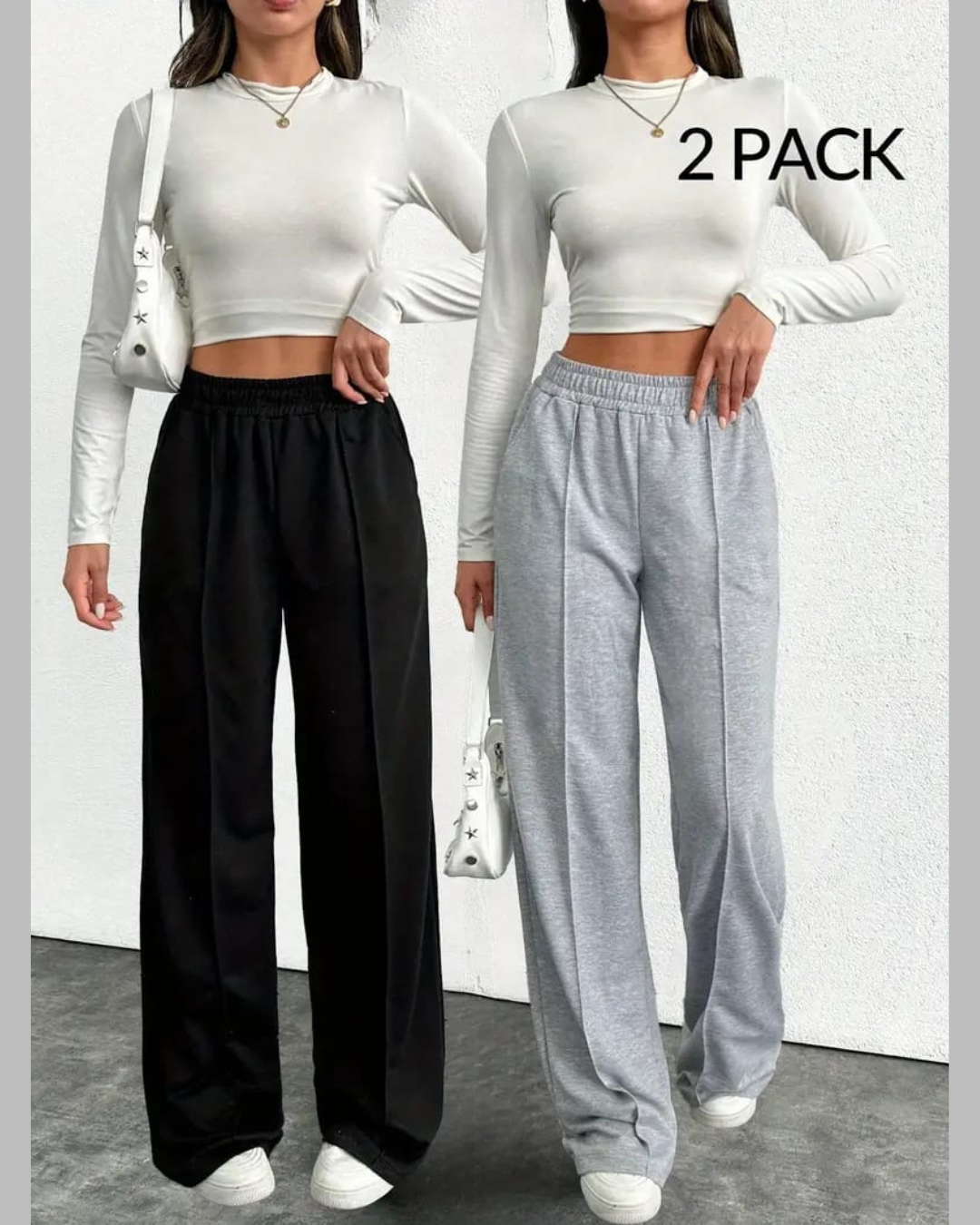 2pcs Women's Gray & Black Jogger Pants - Elastic Waistband, All-Season Comfort for Casual Wear