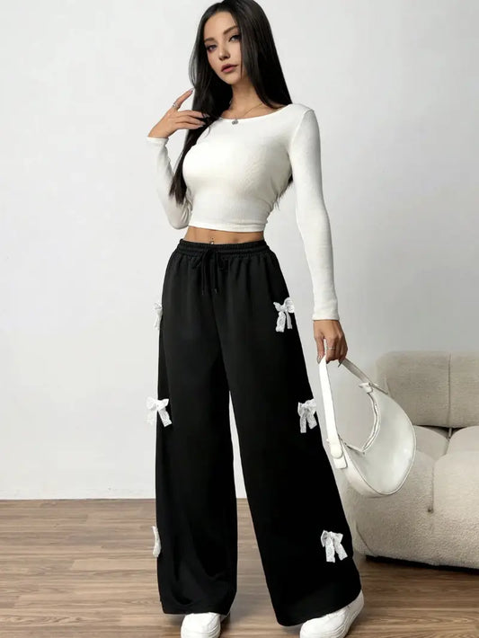 Chic Contrast Ribbon Bow Wide-Leg Pants – Black