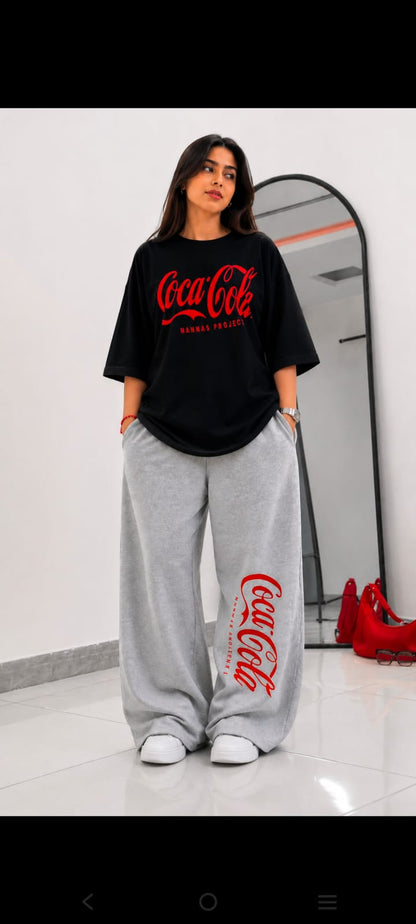 Coca-Cola Oversized Printed Co-ord Set – Black Tee & Grey Wide-Leg Trouser | Unisex Streetwear
