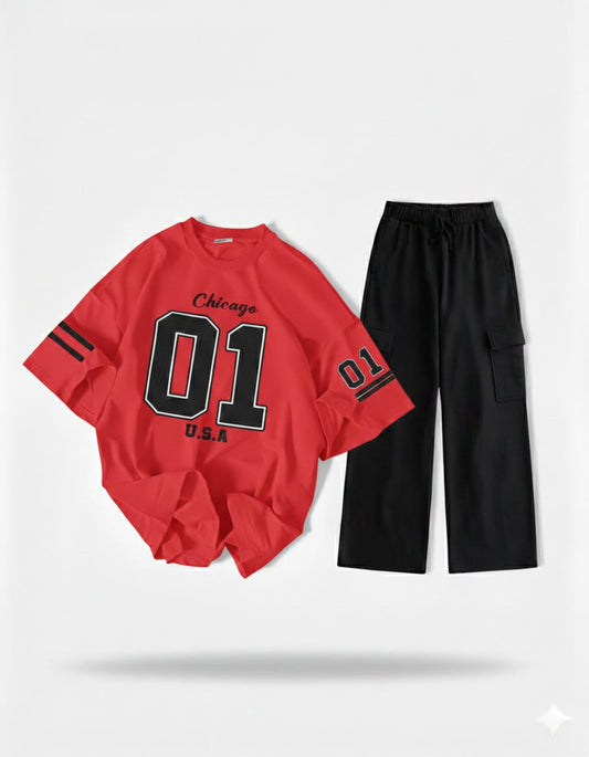 The Varsity Noir Set: Red '01' Oversized Tee & Black Wide-Leg Cargo Trouser