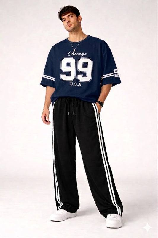 NAVY BLUE VARSITY CHICAGO 99 OVERSZIED TEE WITH BLACK STRIPES BAGGY TROUSER  TRACK SET