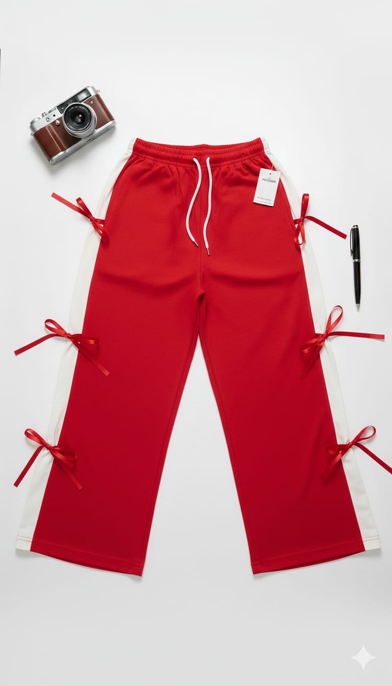 Chic Red Wide-Leg Trousers with Side Ribbon Detail